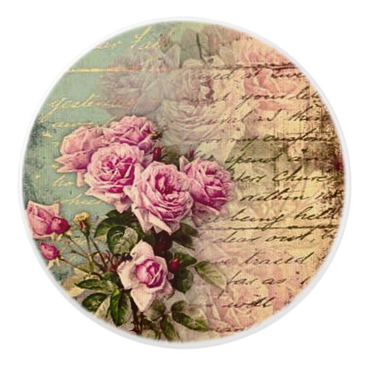 Frans land chic, shabby chic, roze rozen, flora keramische knop (Voorkant)