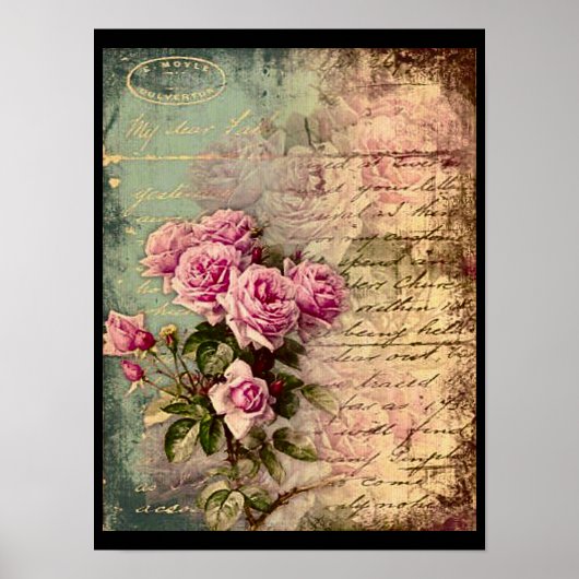Frans land chic, shabby chic, roze rozen, flora poster (Voorkant)