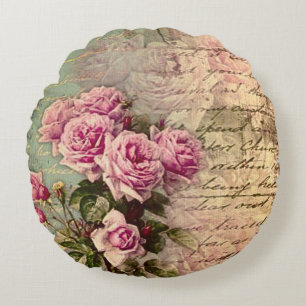 Frans land chic, shabby chic, roze rozen, flora rond kussen