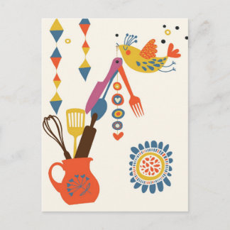 Frans Land Kitchen - gereedschap op floraal. Briefkaart