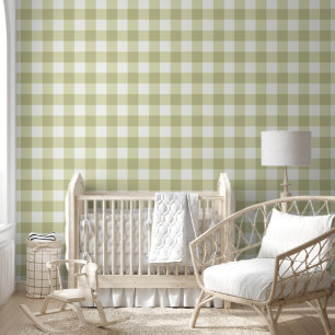 Frans Landelijk Weiland Gingham - saliegroen ruit. Behang