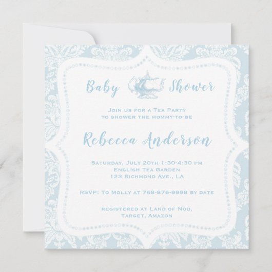  Frans Light Blue Damask Baby shower Tea Kaart (Voorkant)