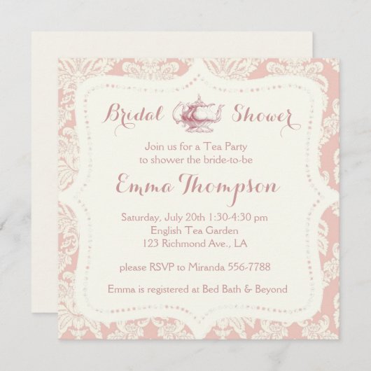 Frans Pink+Cream Damask Bridal Tea Party Kaart (Voorkant / Achterkant)