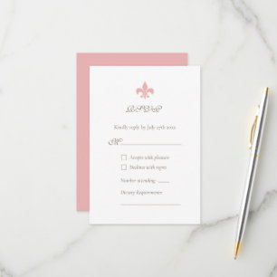 Frans Regency Pink Fleur de Lis Design Wedding RSVP Kaartje