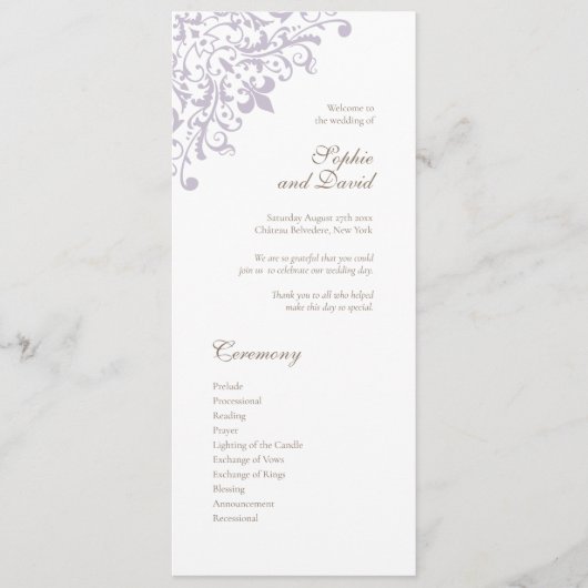 Frans Regent Paars Fleur de Lis Pattern Wedding Programma (Voorkant)