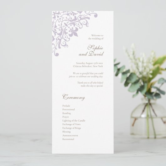 Frans Regent Paars Fleur de Lis Pattern Wedding Programma (Staand voorkant)
