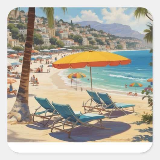 Frans Riviera Beach Vierkante Sticker (Voorkant)