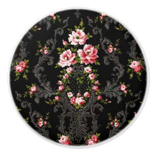 Frans Rococo Floral-Black achtergrond  Keramische Knop