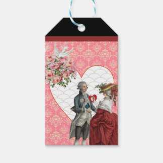 Frans Rococo Paar en Roze Damask Valentijn Cadeaulabel