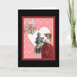 Frans Rococo Paar en Roze Damask Valentijn Feestdagen Kaart