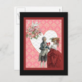 Frans Rococo Paar en Roze Damask Valentijn Feestdagenkaart (Voorkant / Achterkant)
