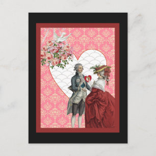Frans Rococo Paar en Roze Damask Valentijn Feestdagenkaart