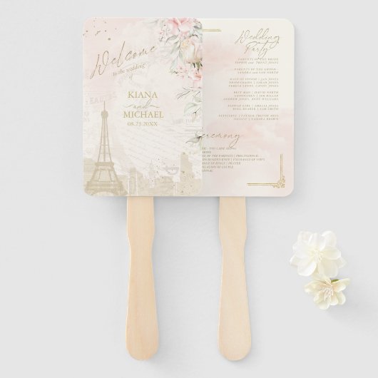 Frans Romance Wedding Program Blush ID870 Handwaaier (Voorkant en achterkant)