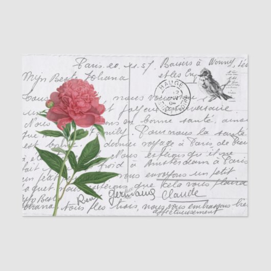 Frans Script Peony Bird Briefkaart Tissuepapier (Voorkant)
