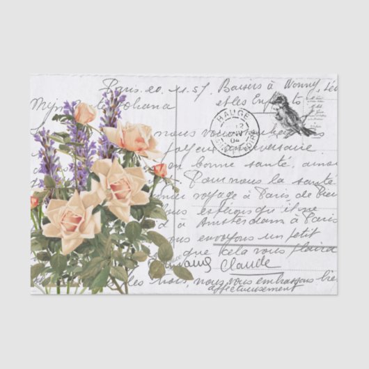 Frans Script  Roos Lavender Bird Briefkaart Tissuepapier (Voorkant)