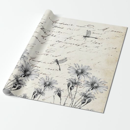Frans Script Wilde bloem Dragonfly-decoupage Craft Cadeaupapier (Uitgerold)