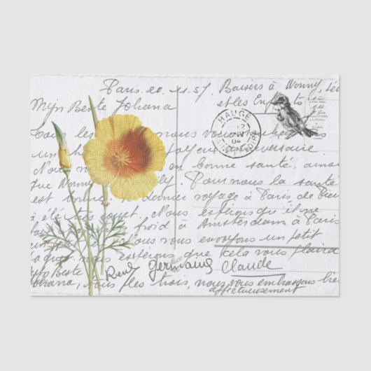 Frans Script  Yellow Poppy Bird Briefkaart Tissuepapier (Voorkant)