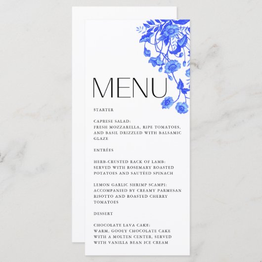  Frans Toile Bloemenblauw Vrijgezellenfeest Menu (Voorkant / Achterkant)