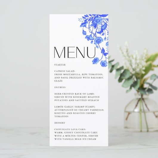 Frans Toile Bloemenblauw Vrijgezellenfeest Menu (Staand voorkant)