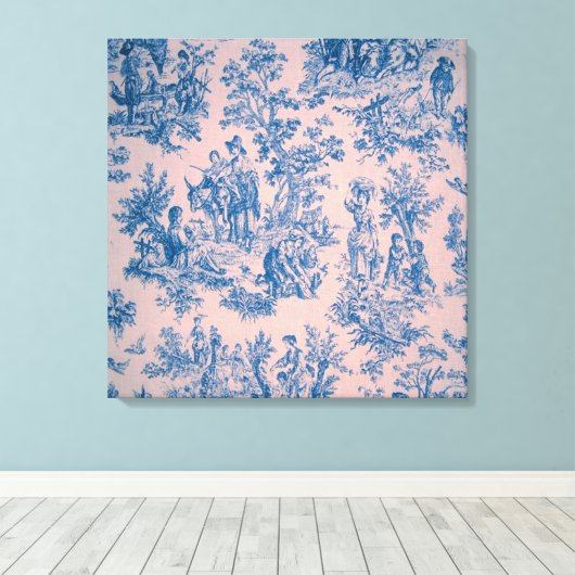 Frans toile de jouy blauw en roze elegant canvas afdruk (Insitu (Houten vloer))