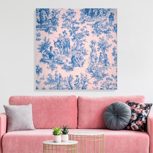 Frans toile de jouy blauw en roze elegant canvas afdruk (Insitu (Woonkamer))