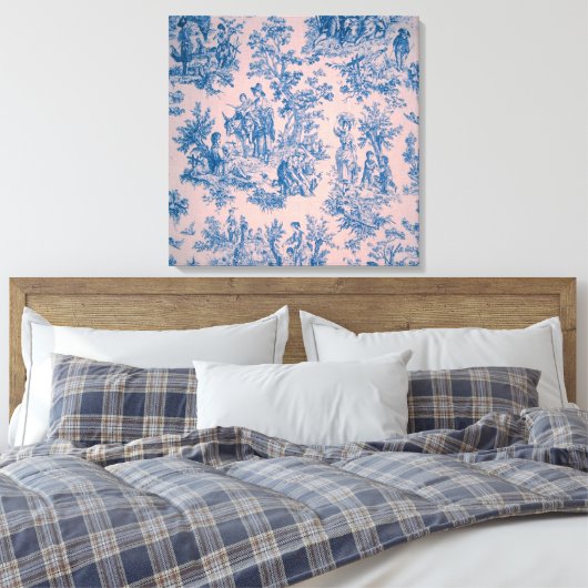 Frans toile de jouy blauw en roze elegant canvas afdruk (Insitu (Slaapkamer))