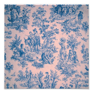 Frans toile de jouy blauw en roze elegant foto afdruk