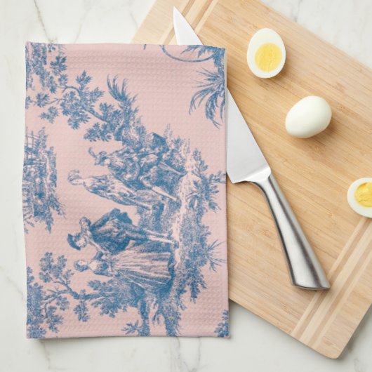 Frans toile de jouy blauw en roze elegant theedoek (Quarter Fold)