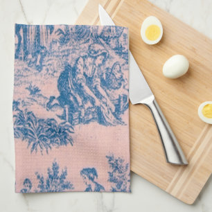 Frans toile de jouy blauw en roze elegant theedoek