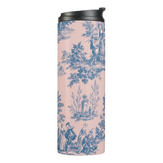 Frans toile de jouy blauw en roze elegant thermosbeker (Gedraaid links)