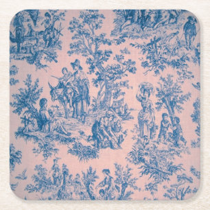 Frans toile de jouy blauw en roze elegant vierkante kartonnen onderzetter