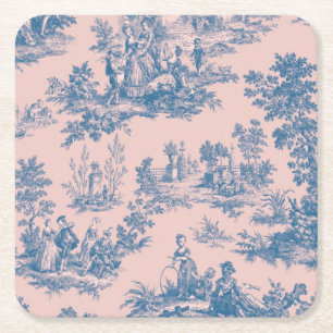 Frans toile de jouy blauw en roze elegant vierkante kartonnen onderzetter