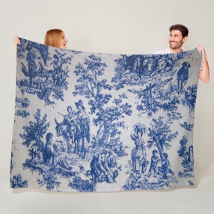 Frans toile de jouy blauw en wit elegant fleece deken