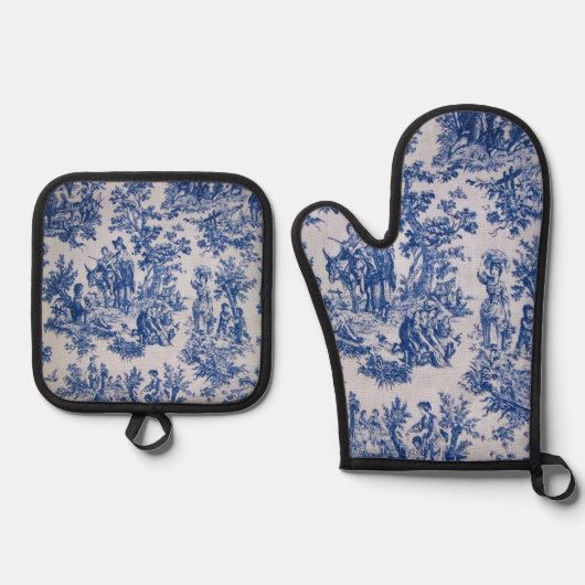 Frans toile de jouy blauw en wit elegant ovenwant & pannenlap set (Voorkant)