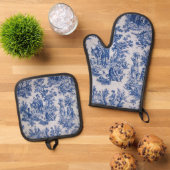 Frans toile de jouy blauw en wit elegant ovenwant & pannenlap set (Top down)