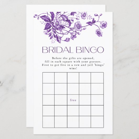 Frans Toile Paarse Bloemen Bruids Bingo Spel (Voorkant / Achterkant)