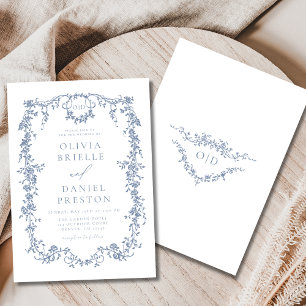 Frans Victoriaans Dusty Blue Wedding Monogram Kaart