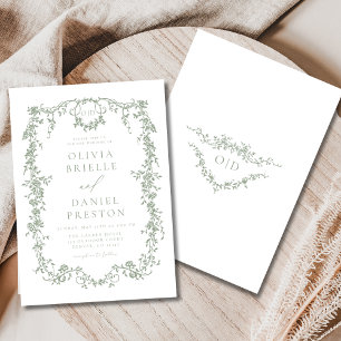 Frans Victoriaans Sage Green Wedding Monogram Kaart
