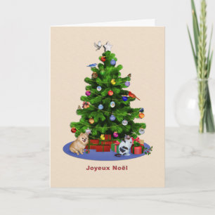 Frans, Vrolijke Kerstboom, Vogels, Kat, Hond Feestdagen Kaart