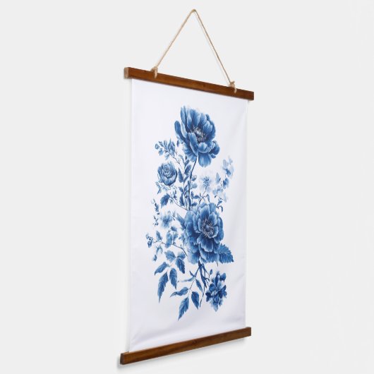 Franse Blauwe Aquarel Toile Chinoiserie Bloem Hangend Wandkleed (Gebogen)
