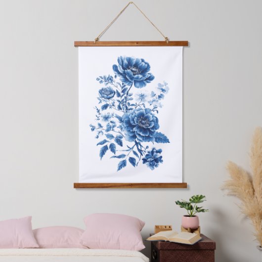 Franse Blauwe Aquarel Toile Chinoiserie Bloem Hangend Wandkleed (Slaapkamer)