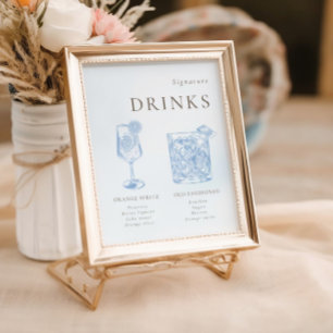 Franse Blauwe Bloemenlijn Art Signature Drinken Poster