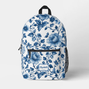 Franse Blauwe Bloempatronen Naam Bedrukte Rugzak