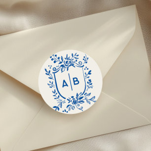 Franse Blauwe Botanische Wapen Huwelijksmonogram Ronde Sticker