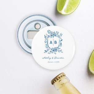 Franse Blauwe Fantasievol Monogram Wapen Huwelijk Button Flesopener