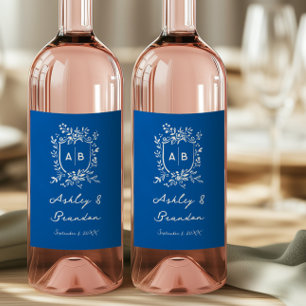 Franse Blauwe Fantasievolle Bloemige Monogram Wape Wijn Etiket