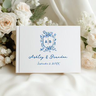 Franse Blauwe Fantasievolle Monogram Wapen Huwelij Gastenboek
