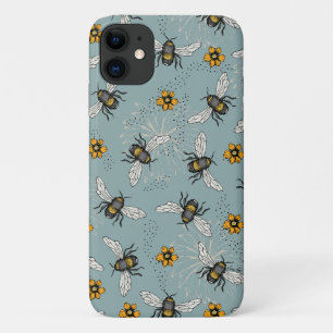 Franse Blauwe Honingbij en Bloemen Patroon iPhone 11 Hoesje