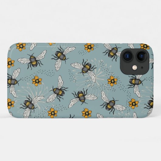 Franse Blauwe Honingbij en Bloemen Patroon Case-Mate iPhone Case (Achterkant (horizontaal))