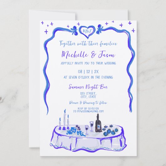 Franse blauwe retro grillige hand getekend boog fo kaart (Voorkant)